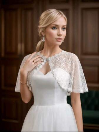 1pc Women's Shimmery Lace Shawl With Brooch, Diamond Button Accent To Match Mini Dress, Outerwear For Fall