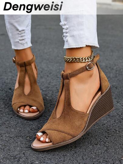 Giày sandal đế xuồng màu be cho nữ, kiểu dáng La Mã hở mũi, quai chữ T, thanh lịch và đa năng, phù hợp cho kỳ nghỉ và đi làm, sandal thời trang.
