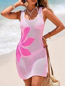 2026 Women's Summer Vacation Swimsuit Cover Up Crochet Beach Floral Hollow Out Slit Bathing Suit Sleeveless Cover Up Dresses - 粉色 - 查看 5