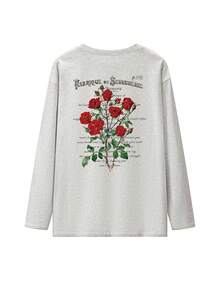 Women's Graphic Tee, Japanese/Korean Style, Soft Cotton, Light Gray, Printed Pattern, Casual, Vacation, Daily Wear, Layering, Loose, Versatile, Basic Long Sleeve Top - Floral Gray - View 6