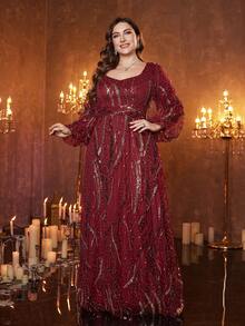 [随机剪裁] UNITHORSE Plus 女士甜心领口灯笼袖修身长款晚礼服 - 酒紅色 - 查看 4