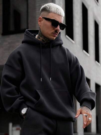 Sweat-shirt à capuche décontracté pour hommes, couleur unie avec doublure thermique, coupe ample, automne/hiver