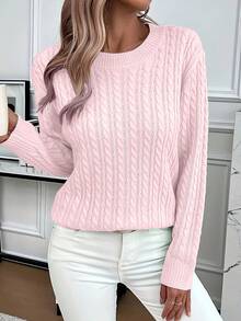 Chunky Sweater - Winter Warm Round Neck Pullover, High Elasticity Cozy Fall/Winter Sweater Coat, Machine Washable Solid Color Casual Blouse For Layering, Elegant Crew Neck Sweater - Machine-Washable Solid Color Knit Sweater - Women's Sweater - Women's Fitted Top - Women's Winter Clothing - Hồng - Xem 3