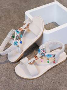1 Pair Girls' Summer New Fashion Casual Sandals, Roman Style Flat Heel Beach Shoes - Beige - View 3