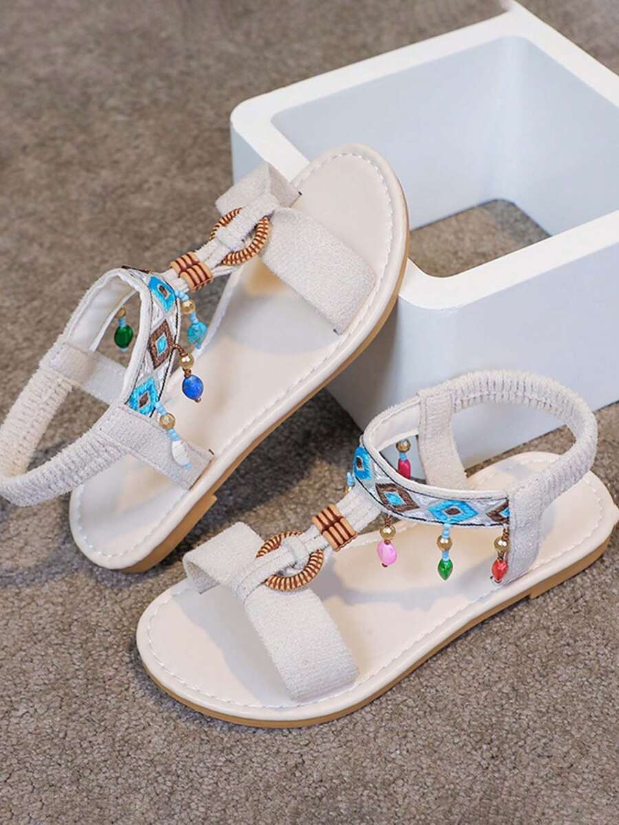 1 Pair Girls' Summer New Fashion Casual Sandals, Roman Style Flat Heel Beach Shoes - Beige - View 1