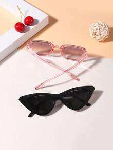 一套两副，男女童款（7-14岁）复古俏皮猫眼方形镜框时尚眼镜，适合家庭旅行