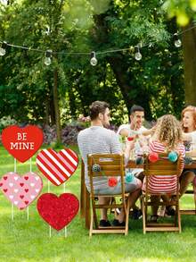 9个心形花园标牌，带支架，情人节庭院标牌，带有心形图案、文字和各种“情人节快乐”户外装饰，适用于婚礼、节日、花园、草坪、露台、小径装饰 - 彩色 - 查看 5