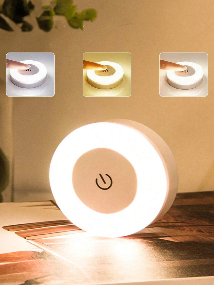 LED暖白色小夜燈，可充電觸控小夜燈，高亮度LED按壓燈，400mAh電池供電壁燈，USB無線觸控圓盤燈，3色可調，可充電圓盤觸控小夜燈，電池供電，無線黏貼照明，適用於牆壁、衣櫥、廚房、櫥櫃下方、檯面，1件裝 - 白色 - 查看 1