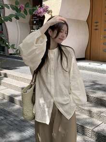 Women's 3D Floral Raglan Sleeve Single-Breasted Loose Blouse - Apricot - View 1