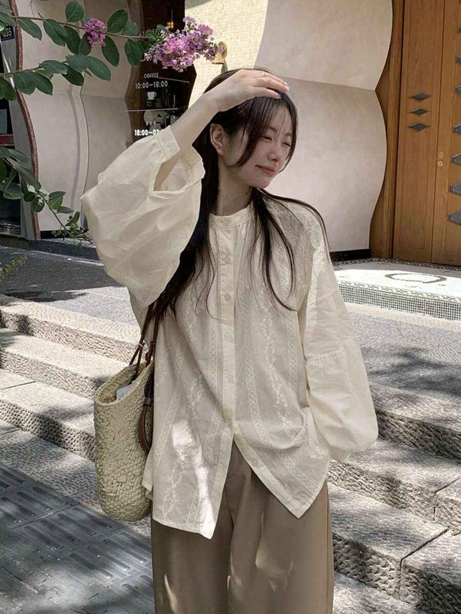 Women's 3D Floral Raglan Sleeve Single-Breasted Loose Blouse - Apricot - View 1