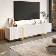 TV Unit 190 Cm, 3 Doors, 2 Drawers, White With Gold Veins And Wood - Gold + White - View 5
