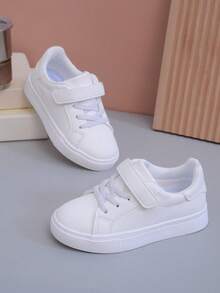 1 Pair White Printed Cute Pattern PU Material Hook & Loop Baby Sneakers, Fashionable Comfortable Non-Slip Wear-Resistant Lightweight Stylish Toddler Walking Shoes, Lasted Construction, Stable Foot Support, Suitable For Daily Wear - White - View 2