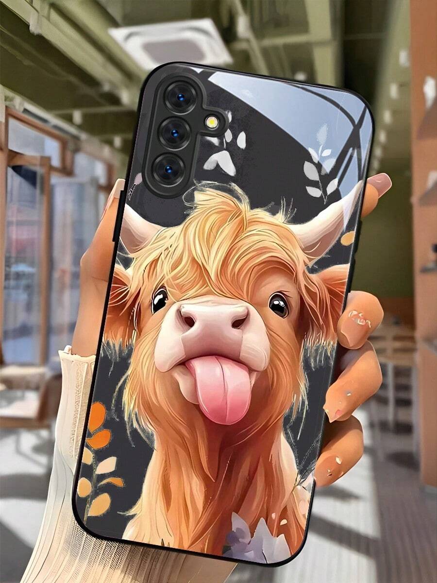 Highland Cow With Its Tongue Sticking Out Tempered Glass Phone Case Suitable For Compatible With Samsung Galaxy S25/24/23/22/21 Ultra/FE/+,A71/56/55/54/53/52/36/35/34/32/26/25/24/23/16/15/14,As Well As IPhone17,16, 15, 14, 13, 12, 11, PRO MAX,PLUS,Air,Fashion Creative Design New Mobile Phone Case - 彩色 - 查看 1