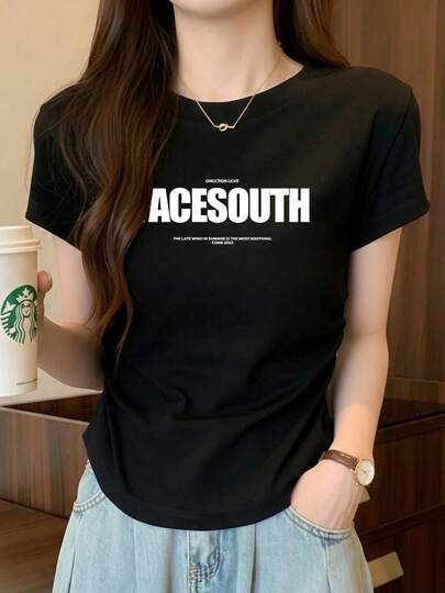 字母印花露脐褶皱圆领短袖T恤，星空印花T恤，纯黑色，夏季新品，性感时尚上衣