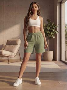 DEVIT - Short 3/4 negro para mujer estilo casual, tela rib acanalada elástica, pretina ancha sin jareta ni bolsillos, diseño básico cómodo y versátil hasta la rodilla ideal para outfits diarios, deportivos o de descanso - verde menta - Ver 7