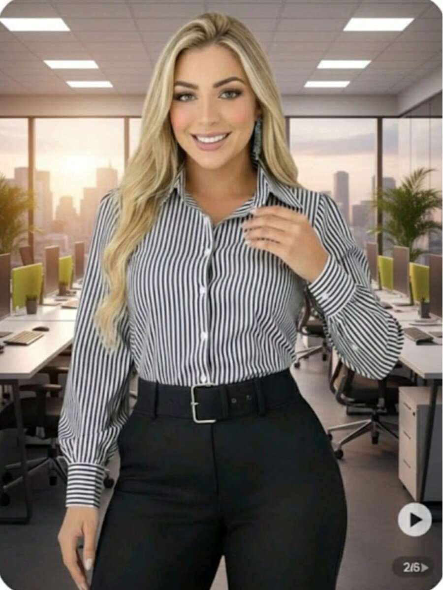Women's Striped Social Blouse Women's - 黑色長條紋社交 - 查看 1