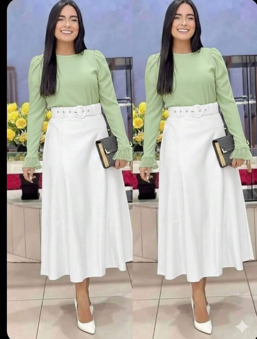 Women's Long Skirt, Godet Style, Leather Fabric With Belt Loops, Simple And Elegant, Evangelical Fashion, PU Leather, Side Zipper, Office Style - trắng - Xem 1