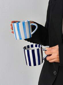1 Juego de taza y platillo de cerámica a rayas azul y blanco, juego de café/té de color de contraste retro, juego de té de la mañana/tarde con amigos, decoración de apartamento, regalo para compañeros de trabajo - Multicolor - Ver 8