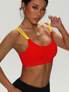 Women's Solid Color Round Neck Criss-Cross Removable Padded Fashionable Knit Sports Bra Spring - Multicolor - View 2