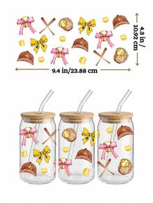 4 件装 Coquette 基督教与运动 UV DTF 杯贴，适用于 16 盎司玻璃杯，粉色蝴蝶结棒球垒球转印贴纸，宗教信仰 DIY 贴纸（9.4x4.3 英寸） - Coquette01 - 查看 6