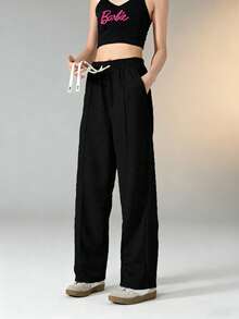 女士户外保暖内衬裤，防风直筒休闲运动裤，抽绳腰带，适合寒冷冬季穿着，保暖轻便，适合户外穿着 - 黑色 - 查看 6