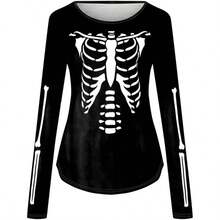 Camisetas de Halloween para mujer 2025 de otoo a Y2K de manga larga con estampado de esqueleto, divertidas camisetas de - B-Blanco + XXL - Ver 4