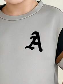 Young Boy Cartoon Print Round Neck Short Sleeve Top And Pants Set - Grey - View 4