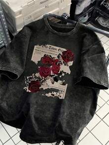 Women's Fun Retro Thorny Rose And Newspaper Cartoon Letter Pattern Prints On The Street, Korean-Style Comfortable Retro Fashion Commuting Versatile Y2k Women's Clothing, Regular Niche Punk Style Black Fitted Round-Neck Short-Sleeved Washed T-Shirt, Washed Retro Series Comfortable Pure Cotton T-Shirt, Easily Create Retro Casual Clothing, Suitable For Daily Commuting, Leisure Outings, Daily Wear, Classic Retro Style Women's Clothing - 黑色 - 查看 9