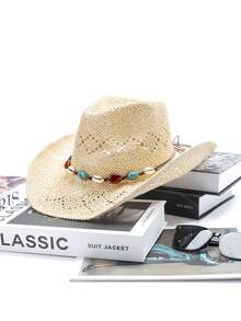 Swim Chiccia 1 件男女通用宝石装饰西部牛仔帽镂空印花草帽春夏旅行阳光沙滩帽休闲遮阳帽（收到产品后，如果帽檐变形，需要手动调整回去） - 西部牛仔禮帽 - 查看 25