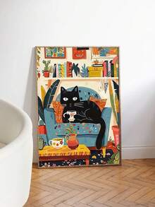 1幅迷人的黑猫帆布艺术画 - 非常适合万圣节和圣诞节装饰，无框墙面艺术品，适用于家庭、办公室、咖啡馆 - 彩色 - 查看 2