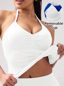 女士瑜伽运动文胸无袖露脐运动上衣，弹力健身透气背心 - 白色 - 查看 7