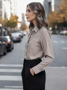 女士休闲基础款条纹尖领长袖衬衫，带纽扣口袋，适合日常办公穿着，秋冬春季皆宜 - 咖啡棕色CS046-1 - 查看 2