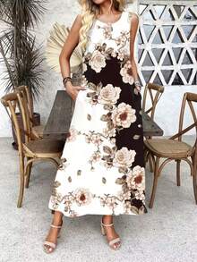 Robe longue d'été pour femme, robe élégante à imprimé floral sans manches avec deux poches pour les vacances - Blanc - Voir 2