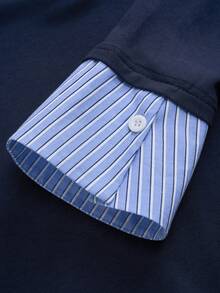 Blusa de manga comprida moderna com estampa listrada e gola em mistura de algodão, modelagem slim e estilo slim. - Azul marinho - Ver 6