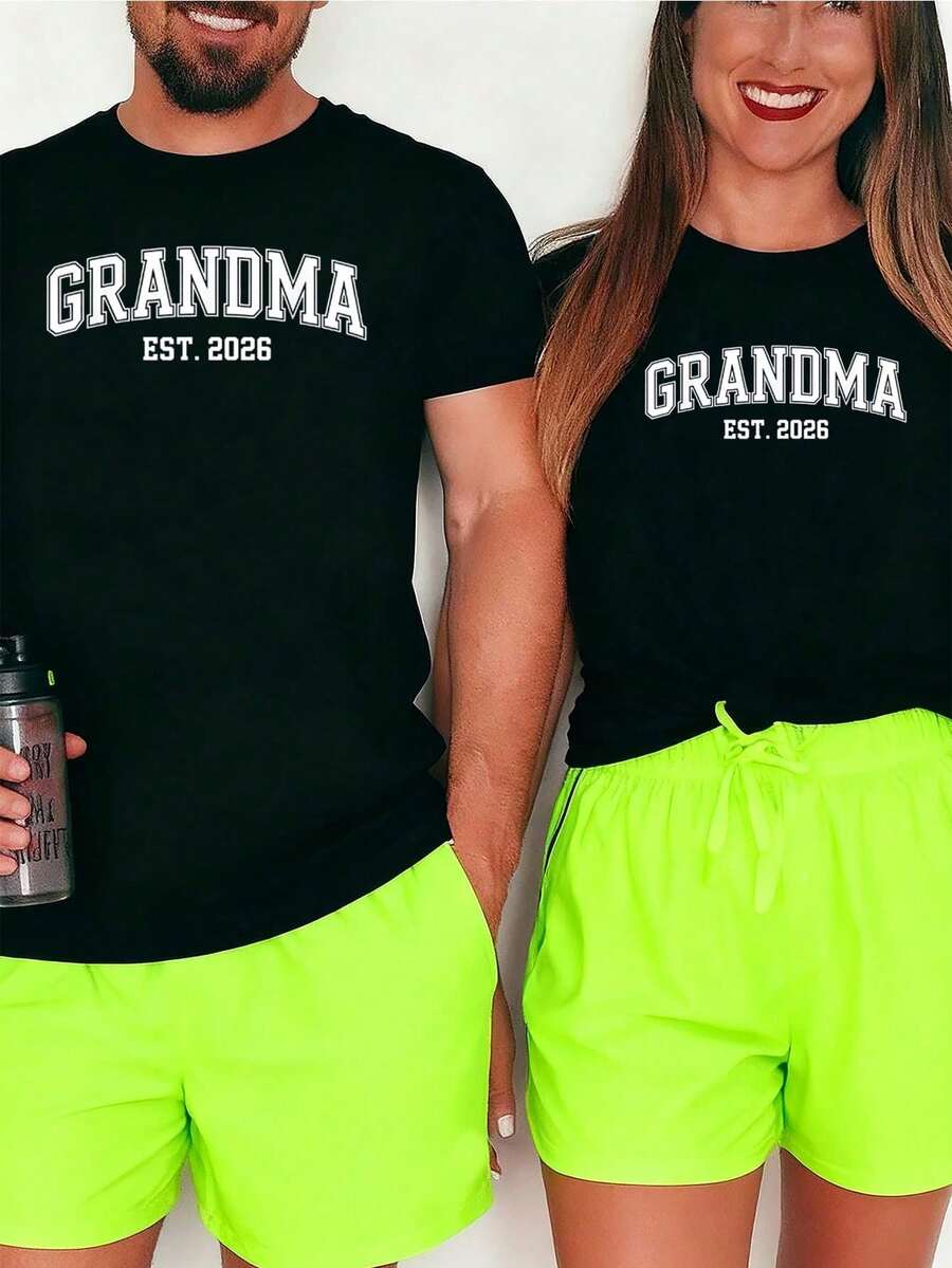 Promised To Grandma Est. 2026 Grandma Est. 2026 Graphic Tees For Men Crop Tops Couple T-Shirt Set Men's Artistic Clothing T-Shirt - 黑色 1pcs MEN - 查看 1