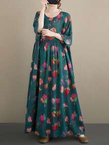 女士绿色碎花宽松长裙，蝙蝠袖设计；夏季加大码长款连衣裙；女士圆领A字连衣裙，带口袋；2026休闲长裙；女士梭织面料休闲波西米亚风长款连衣裙；飘逸无袖连衣裙；适合老年人穿着的睡衣式连衣裙 - 綠色 - 查看 2