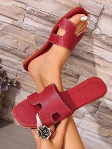 Sandale plate pentru femei, cu vârf pătrat în formă de H, ținute casual pentru casă - Burgundia - Vizualizare 2