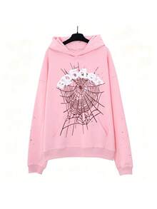 Autumn/Winter Clothing: Street-Style Hip-Hop Style Foam Spider Web Hooded Sweatshirt, Fashionable Sporty Hoodie. - 粉色 - 查看 1