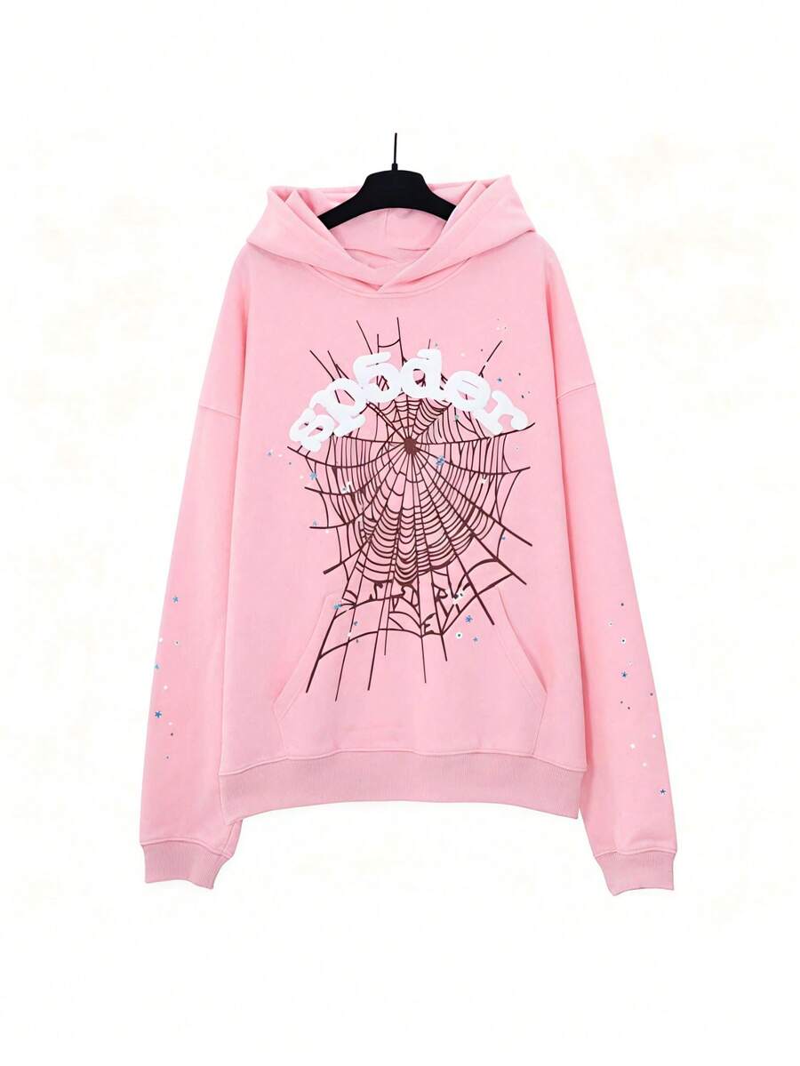 Autumn/Winter Clothing: Street-Style Hip-Hop Style Foam Spider Web Hooded Sweatshirt, Fashionable Sporty Hoodie. - 粉色 - 查看 1