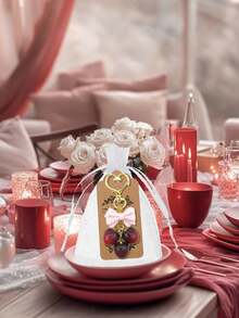 3pcs Holiday Party Gift Set: Cherry Bow Keychain, White Organza Bag, Thank You Card, Backpack Charm, Valentine's Day Gift, Gift Set, Suitable For Theme Events, Weddings, Dates, Proposals, Birthday Parties, Anniversaries. - Multicolor - View 4