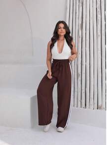 Wide-Leg Striped Track Pants, High-Waisted, Simple, All. - Rỉ Nâu - Xem 2
