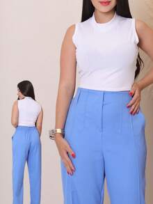 Women's Tailored Wide Leg Straight Leg Trousers With High Waist, Elastic Back, Side Pocket, Elegant And Comfortable, Loose Fit And Perfect Drape For The Office. - 霧霾藍 - 查看 1