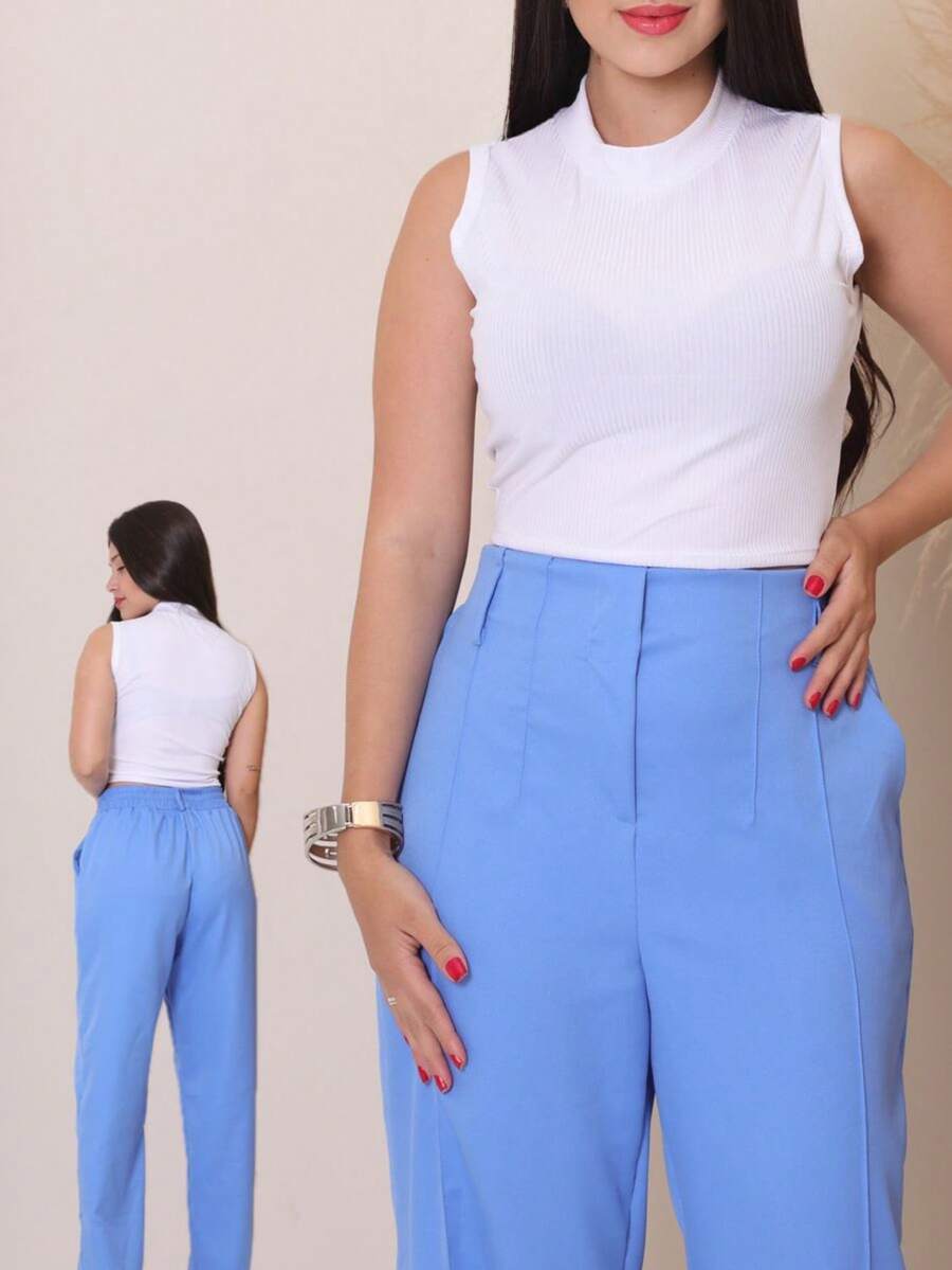 Women's Tailored Wide Leg Straight Leg Trousers With High Waist, Elastic Back, Side Pocket, Elegant And Comfortable, Loose Fit And Perfect Drape For The Office. - 霧霾藍 - 查看 1