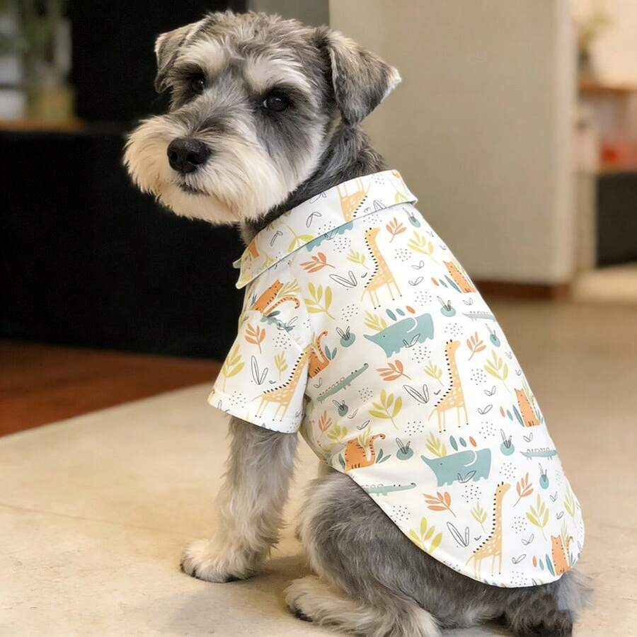 1pc Animal Pattern Pet Cat/Dog T-Shirt - Featuring Cartoon Elephant, Giraffe And Leaf Prints, Lightweight Polo Collar Button-Up Top, Suitable For Spring, Summer, Autumn Wear, Ideal For Home Or Party, Fits Small To Medium Sized Dogs - Baby Blue - View 1