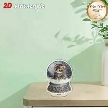 2D Plano, 1 peça Bola de Neve Giratória Decorativa de Sobremesa com Gato Tricolor - Movimento Giratório, Cúpula Transparente e Base para Uso Interno/Externo, Adequado para Casa, Escritório ou Exposição em Prateleira, Ideia de Presente Decorativo de Gato Fofo, Estrutura Acrílica Durável - Multicolorido - Visão 3