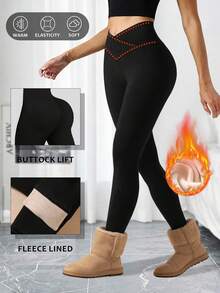 1pc Women's Thermal Leggings, Crossover Waistline Design, Super Soft Thermal Lined, High Waist Skinny Pants, Warm Winter Outer Wear Tights, Elastic Waistband For Abdomen Control And Lifting, Suitable For Workout, Yoga, Running - Black - View 8