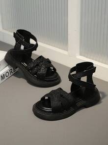 1 Pair Black Plus Size Toddler Girls' Glitter Studded Leather Criss-Cross Strap Roman Sandals, Classic Backstrap Double Buckle Design Open Toe Soft Bottom Non-Slip Fashion Cute Princess Style Flat Beach Sandals, Suitable For Casual, Holiday, Party, School, Spring/Summer 2026 - Black - View 5