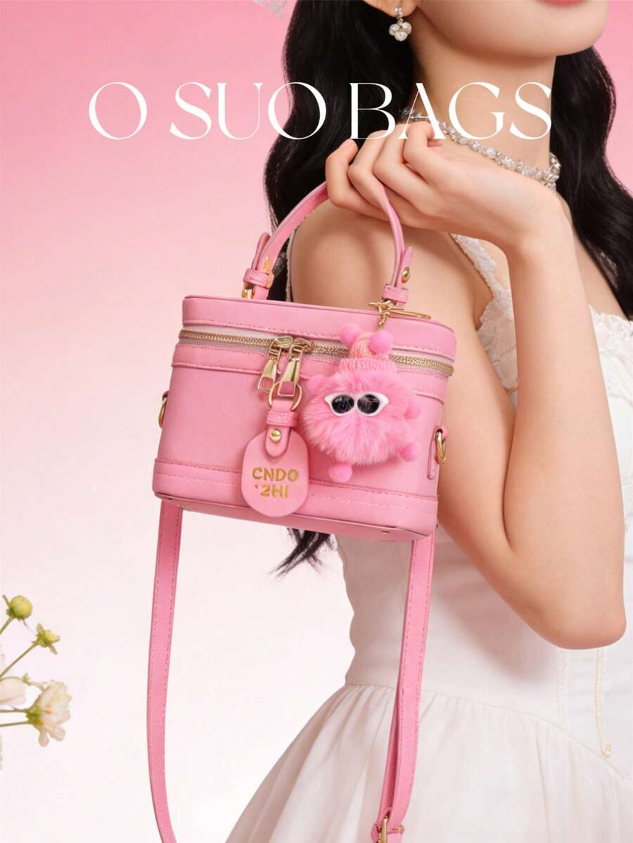 可爱粉色盒子包，带毛绒挂饰 - 千禧风格迷你手提包/斜挎包