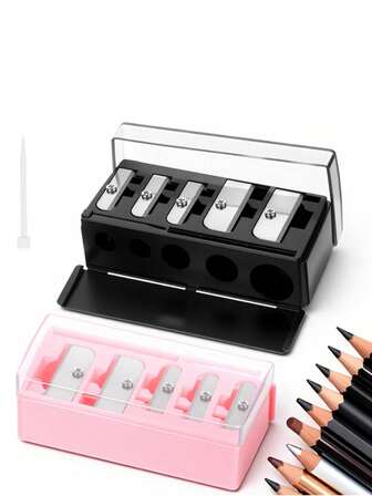 1pc Women's Makeup Pencil Sharpener, 5-Hole Manual Makeup Pencil Sharpener With Plastic Cover For Lip Liner, Eyeliner, Eyebrow Pencil, Makeup Eyeliner, Lip Liner, Pink