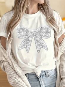 White T-Shirt With Rhinestone Bow Design Women's Casual Top Short Sleeve Round Neck Blouse Fashion Statement PieceWomen's T-Shirt With Round Neck And Short Sleeves, With Fun Printing On Valentine's Day Theme, Suitable For Christmas Partysports Activityholiday Partyoutingdatingsports Daily Leisureholiday Gift Occasions (220g). - 白色 - 查看 2
